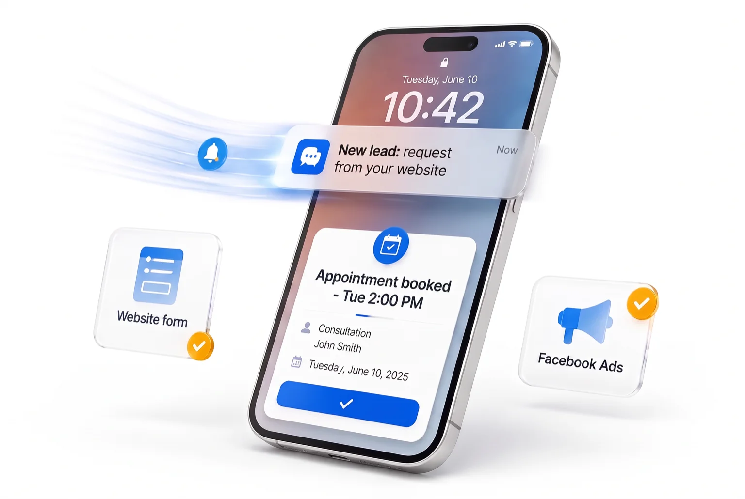 Phone with push notification: new lead, appointment booked Tue 2:00 PM